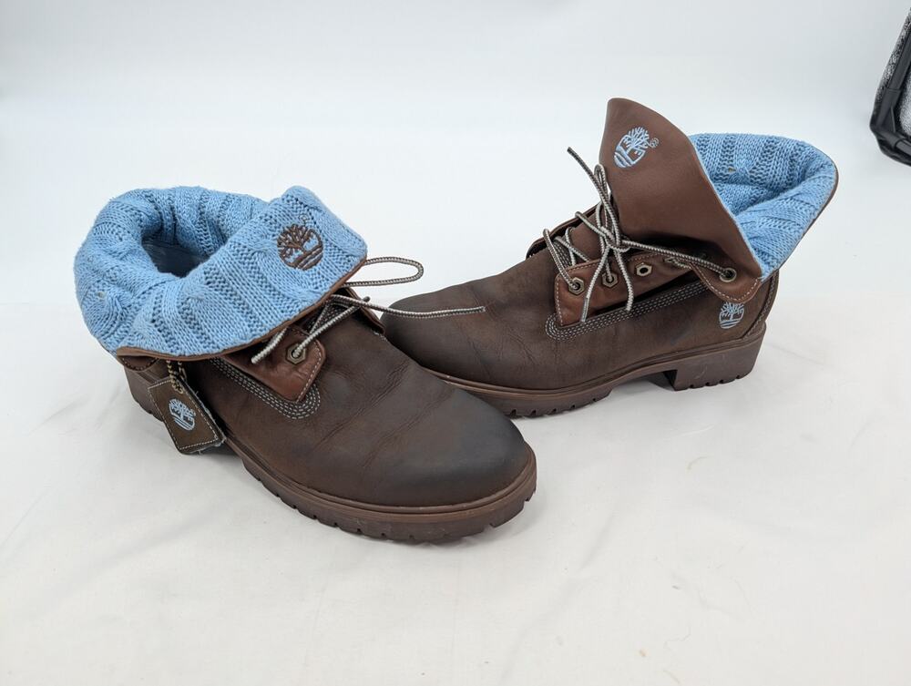 Timberland 89348 Women's 9.5M Blue Knit Fold Over Roll Top Brown Leather Boots